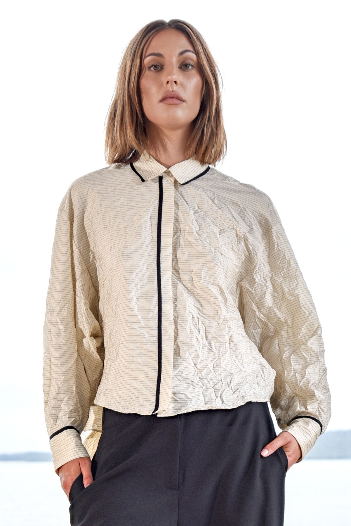 TRELISE COOPER ALL ABOUT THE BUSTLE SHIRT VISCOSE LYOCELL NYLON NATURAL VINTAGE RUFFLE