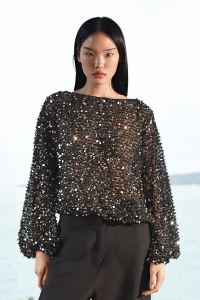 TRELISE COOPER SHIMMY AND SHINE TOP POLYESTER BLACK GOLD SEQUIN
