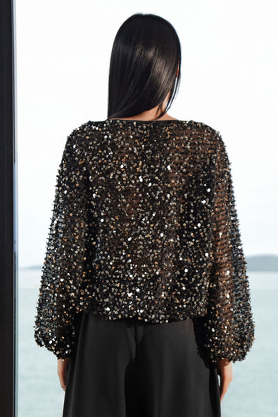 TRELISE COOPER SHIMMY AND SHINE TOP POLYESTER BLACK GOLD SEQUIN