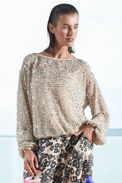 TRELISE COOPER SHIMMY AND SHINE TOP NATURAL POLYESTER SEQUIN SILVER