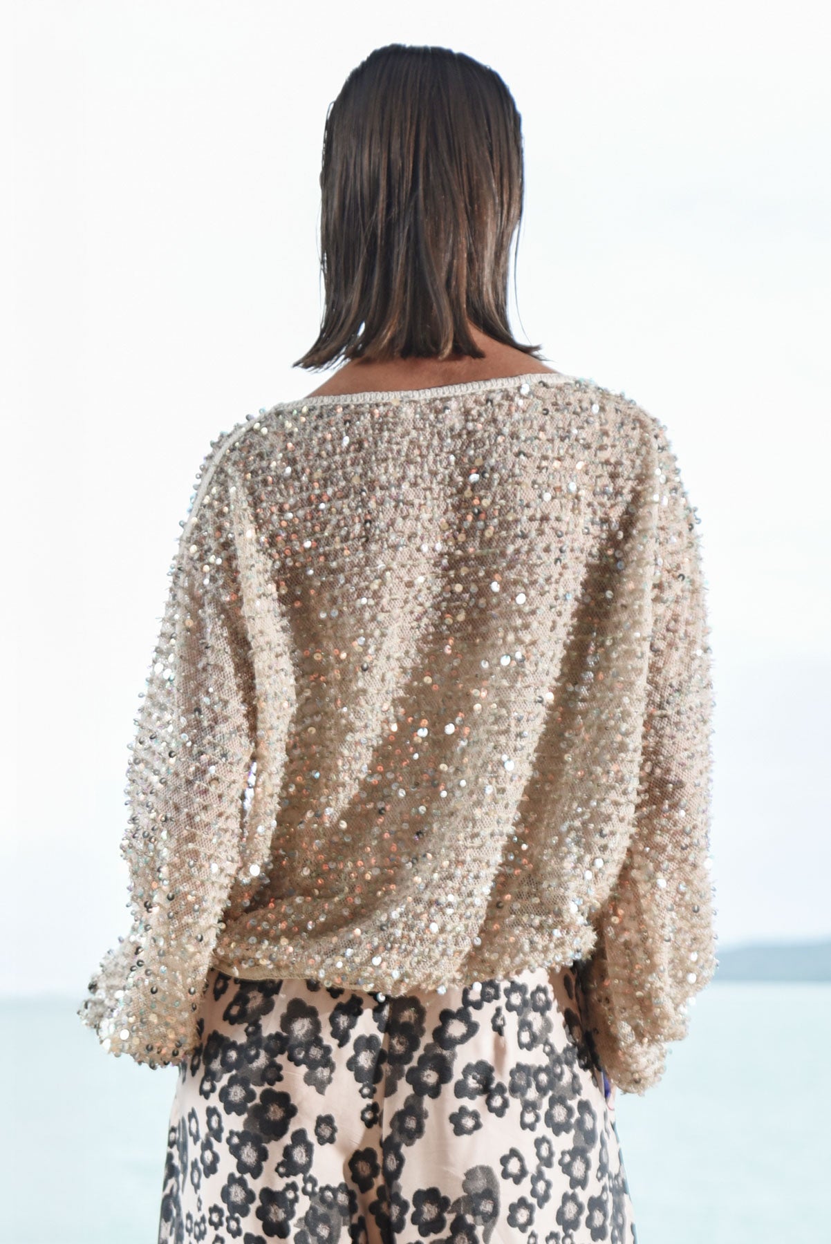 TRELISE COOPER SHIMMY AND SHINE TOP NATURAL POLYESTER SEQUIN SILVER