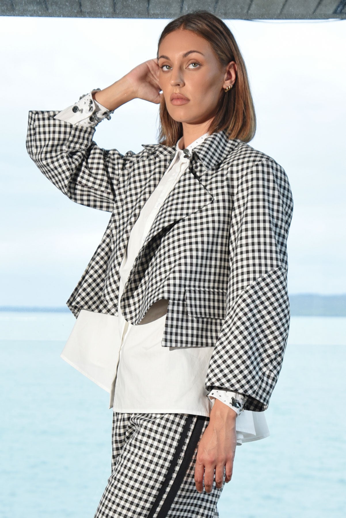 TRELISE COOPER ART OF ME JACKET BLACK AND WHITE GINGHAM CROPPED  OPEN JACKET WITH BARREL SLEEVES 