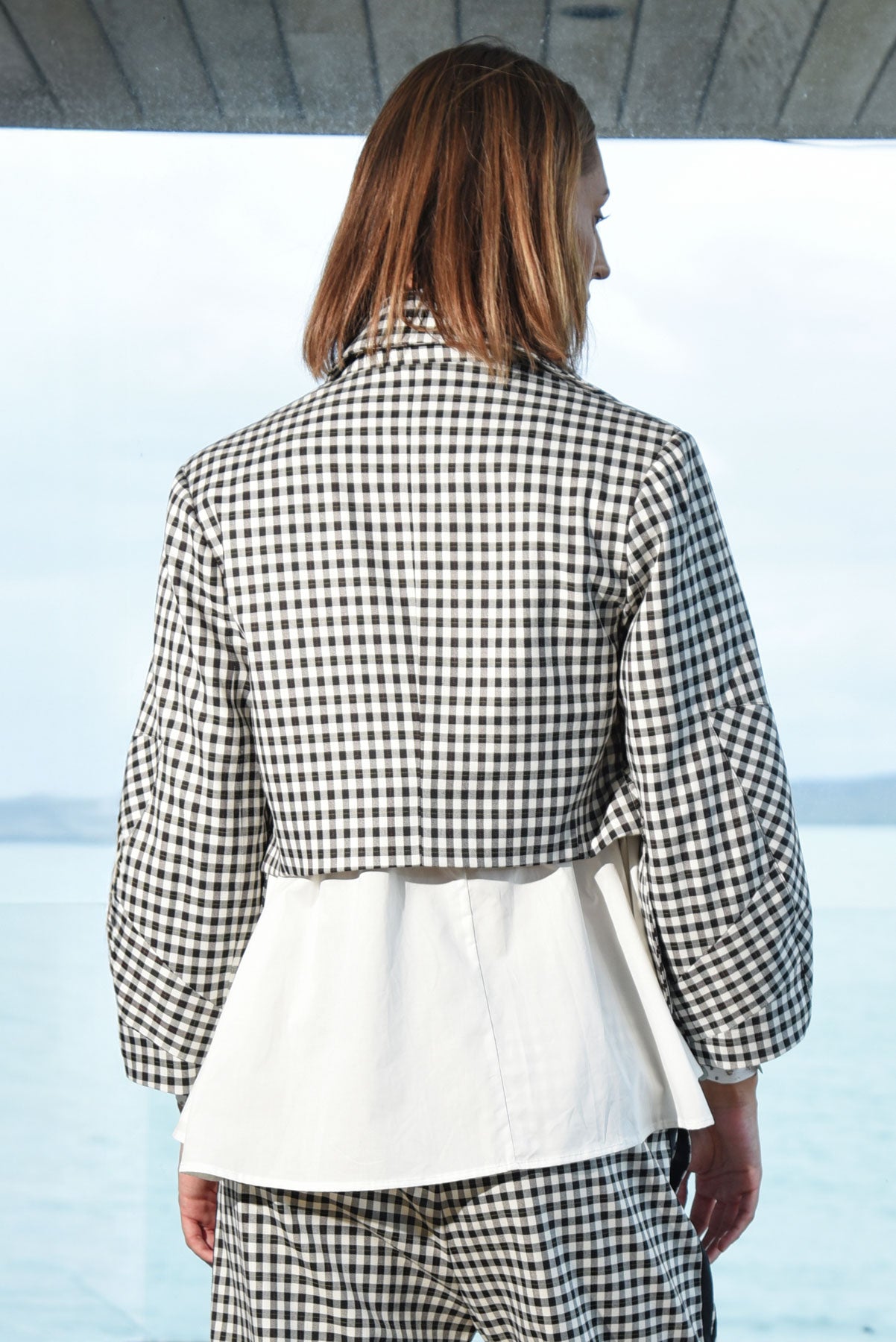 TRELISE COOPER ART OF ME JACKET BLACK AND WHITE GINGHAM CROPPED  OPEN JACKET WITH BARREL SLEEVES 