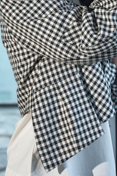 TRELISE COOPER ART OF ME JACKET BLACK AND WHITE GINGHAM CROPPED  OPEN JACKET WITH BARREL SLEEVES 
