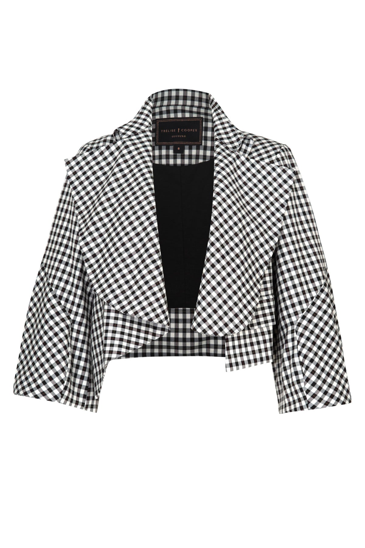 TRELISE COOPER ART OF ME JACKET BLACK AND WHITE GINGHAM CROPPED  OPEN JACKET WITH BARREL SLEEVES 