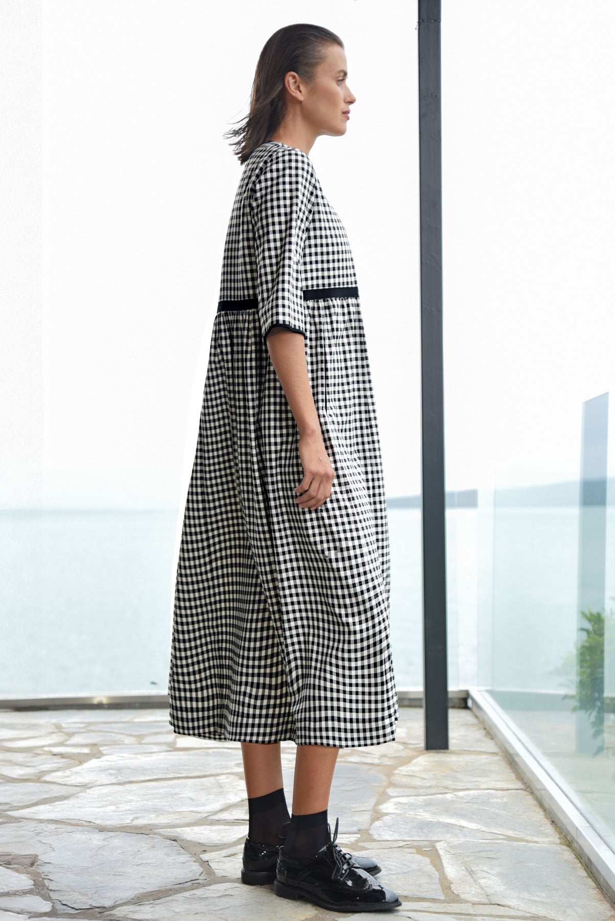 TRELISE COOPER TOGATHER WITH YOU DRESS BLACK AND WHITE GINGHAM DRESS WITH 1/2 SLEEVES AND VNECK RELAXED FIT 