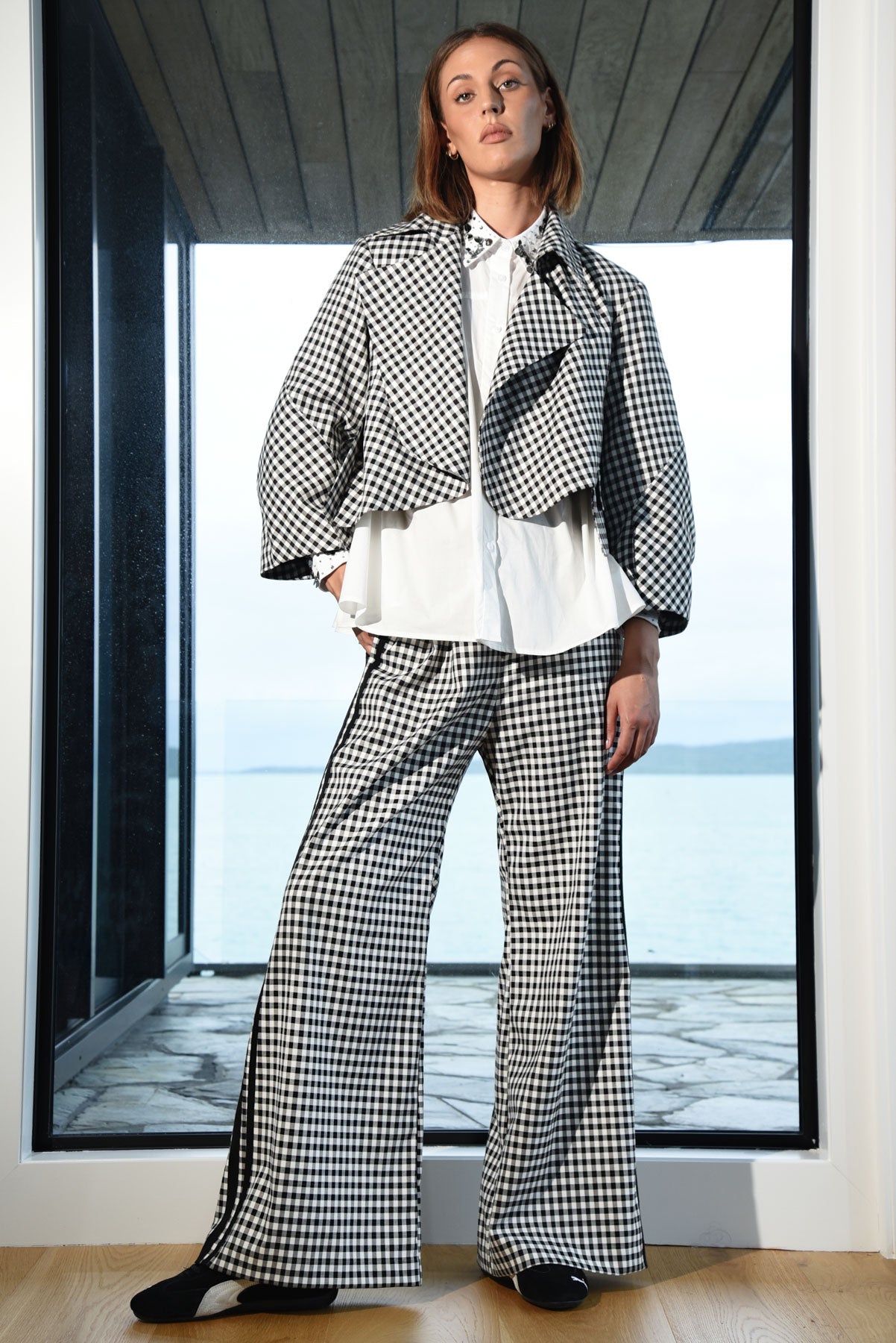 TRELISE COOPER WALK AND TALK TROUSER BLACK AND WHITE GINGHAM PANT WTH DOUBLE BLACK RACING STRIPE DOWN OUTSIDE OF EACH LEG