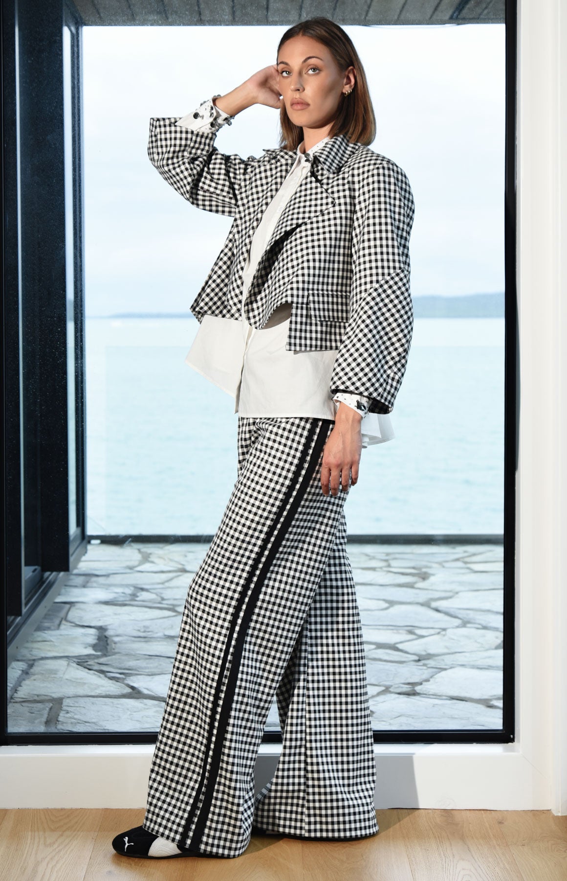 TRELISE COOPER WALK AND TALK TROUSER BLACK AND WHITE GINGHAM PANT WTH DOUBLE BLACK RACING STRIPE DOWN OUTSIDE OF EACH LEG