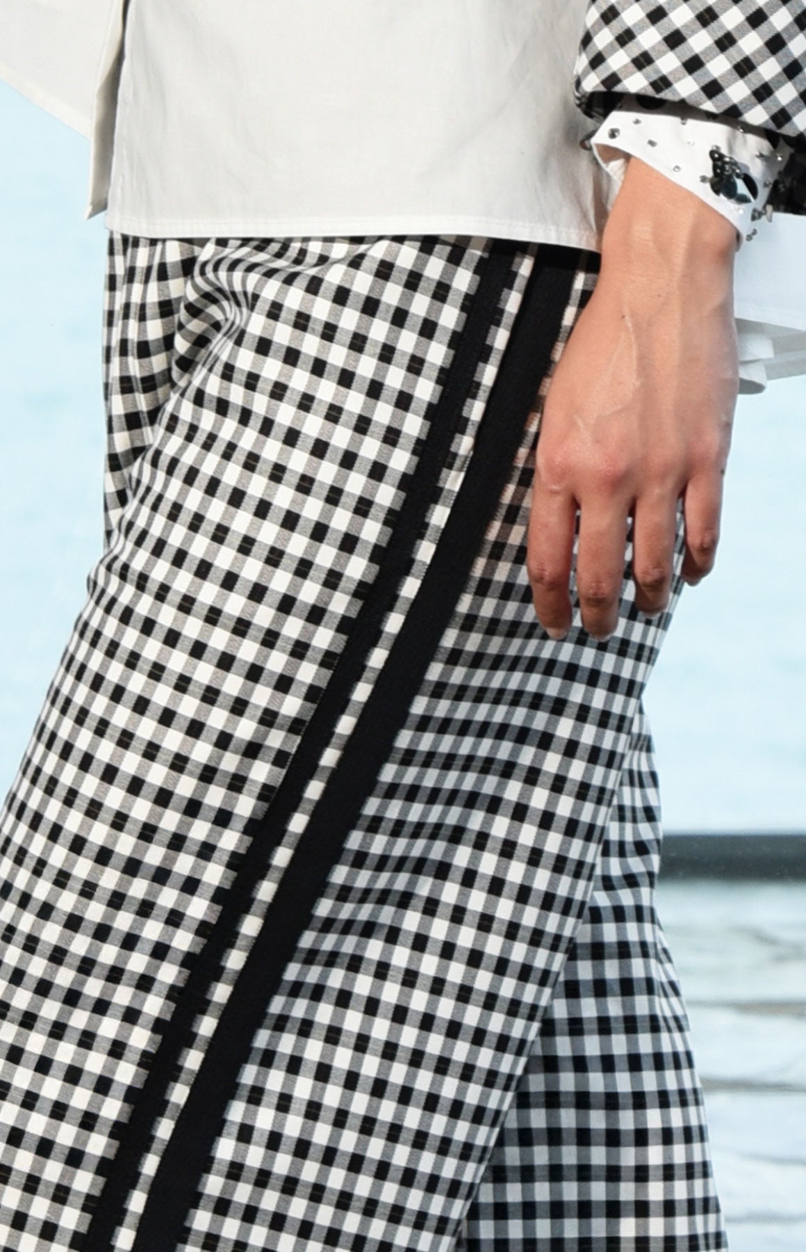 TRELISE COOPER WALK AND TALK TROUSER BLACK AND WHITE GINGHAM PANT WTH DOUBLE BLACK RACING STRIPE DOWN OUTSIDE OF EACH LEG