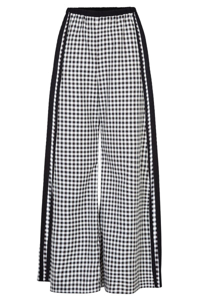TRELISE COOPER WALK AND TALK TROUSER BLACK AND WHITE GINGHAM PANT WTH DOUBLE BLACK RACING STRIPE DOWN OUTSIDE OF EACH LEG