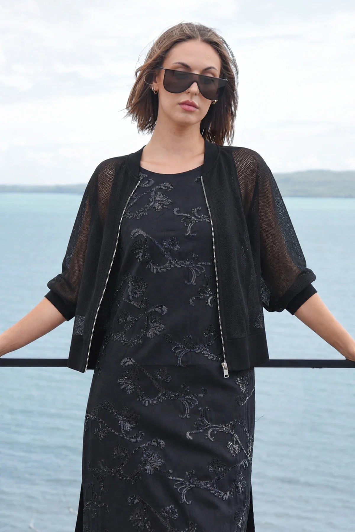 TRELISE COOPER CROP DEAD GORGEOUS JACKET BLACK WHITE JACKET SHEER LAYER ACETATE POLYESTER ARM COVER