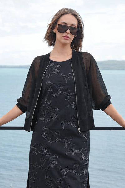 TRELISE COOPER CROP DEAD GORGEOUS JACKET BLACK WHITE JACKET SHEER LAYER ACETATE POLYESTER ARM COVER