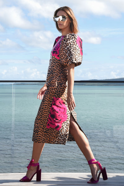 TRELISE COOPER PARTY TIME DRESS POLYESTER ANIMAL PRINT LEOPARD FLORAL MIDI DRESS