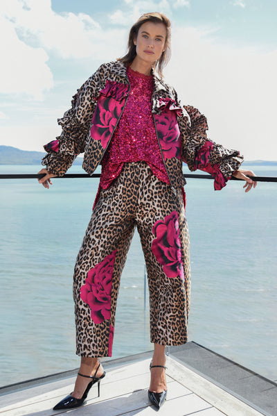 TRELISE COOPER STAND OUT TROUSER LEOPARD PRINT ANIMAL FLORAL PANT POLYESTER