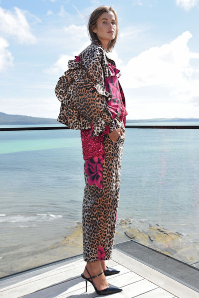 TRELISE COOPER STAND OUT TROUSER LEOPARD PRINT ANIMAL FLORAL PANT POLYESTER