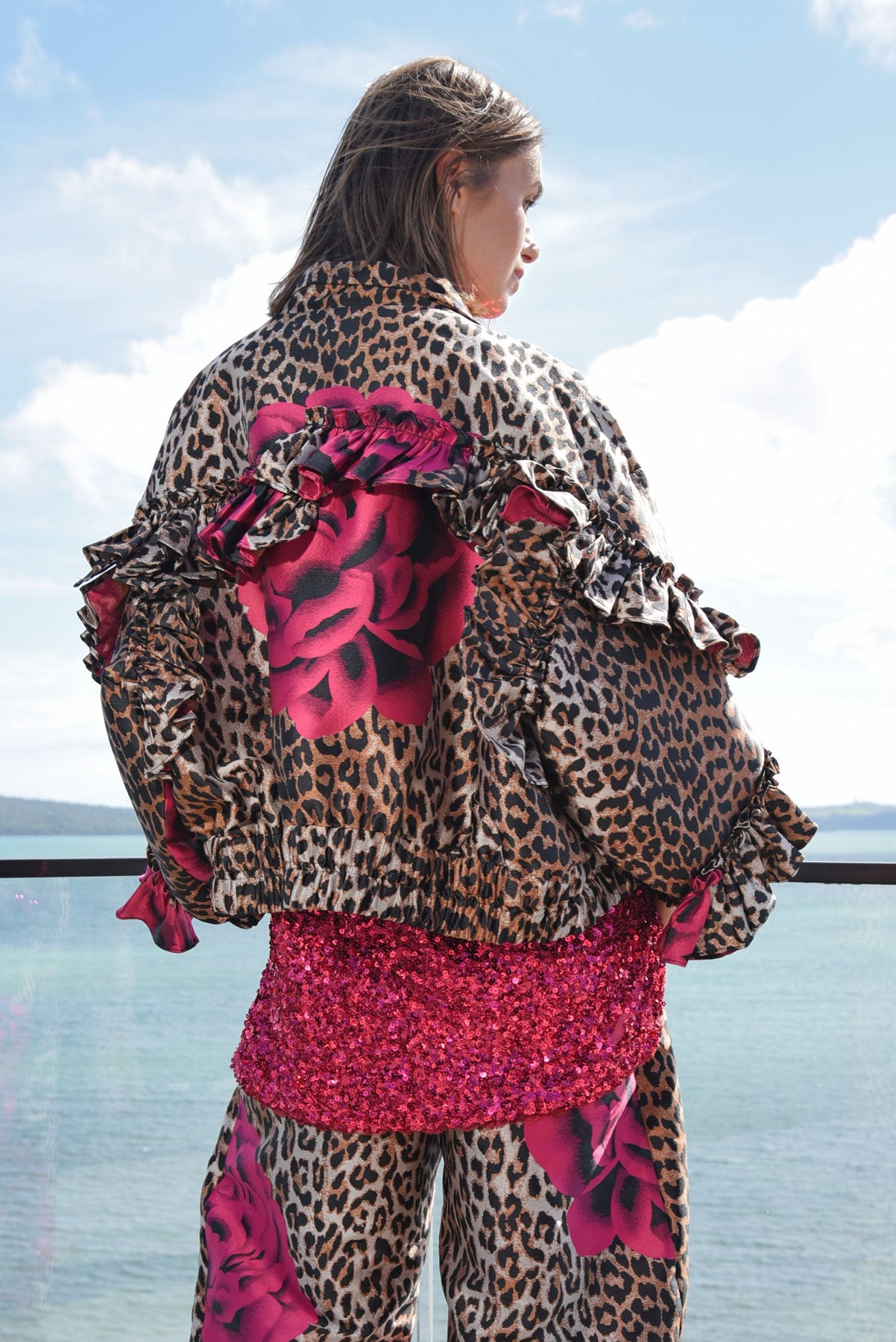 TRELISE COOPER WHAT FRILL IT BE JACKET POLYESTER ANIMAL PRINT LEOPARD FLORAL JACKET RUFFLES 