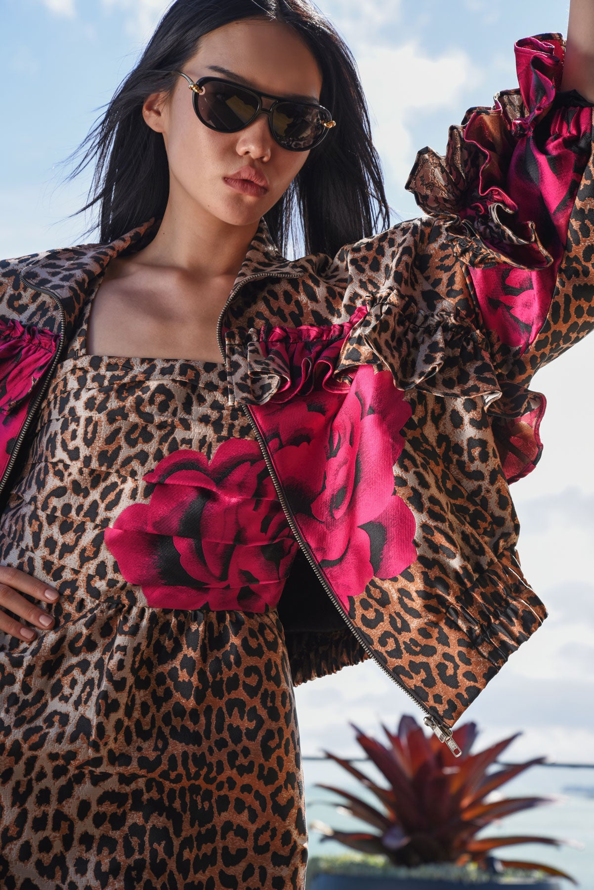 TRELISE COOPER WHAT FRILL IT BE JACKET POLYESTER ANIMAL PRINT LEOPARD FLORAL JACKET RUFFLES 