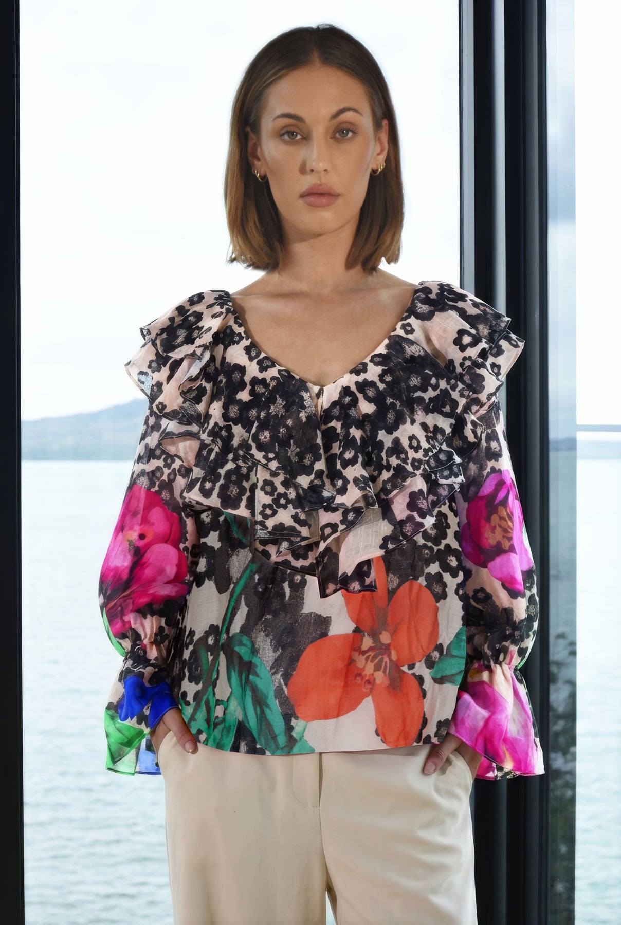 TRELISE COOPER FRILL ON MY MIND BLOUSE RAMIE FLROAL PRINT TOP