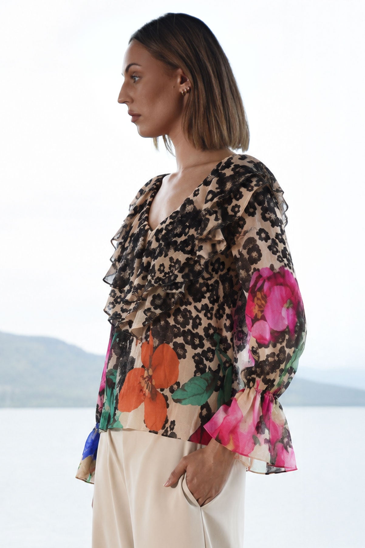 TRELISE COOPER FRILL ON MY MIND BLOUSE RAMIE FLROAL PRINT TOP