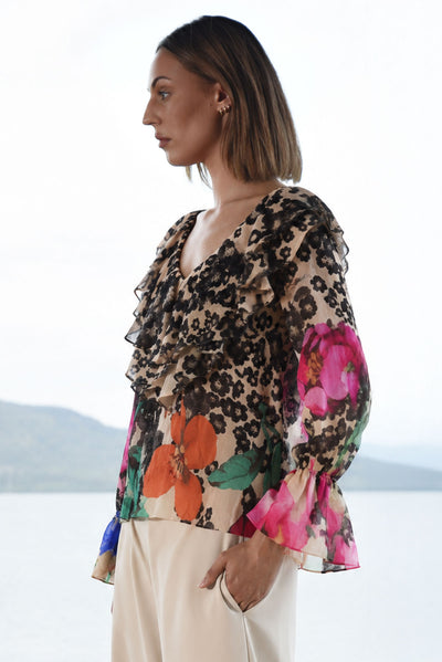 TRELISE COOPER FRILL ON MY MIND BLOUSE RAMIE FLROAL PRINT TOP