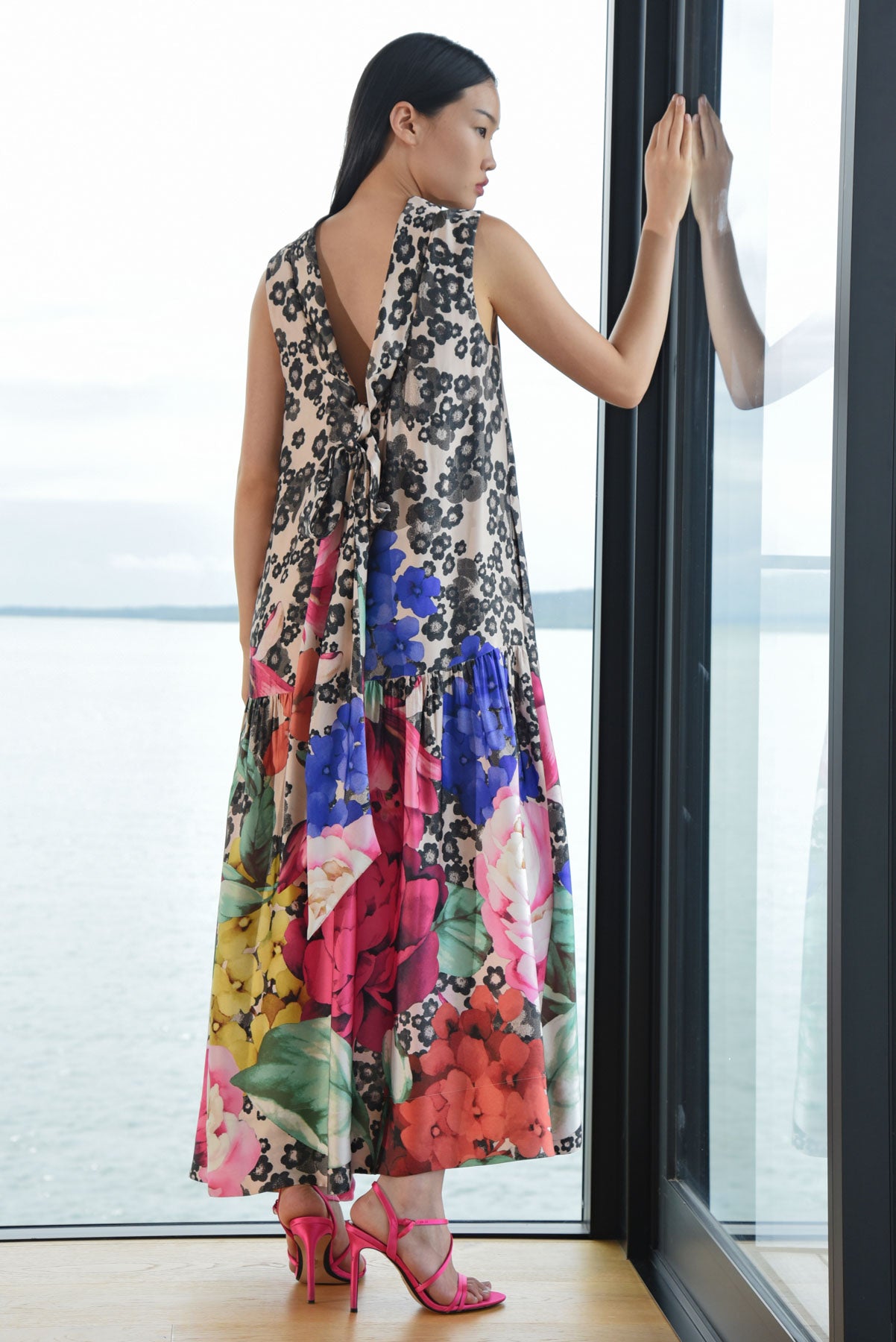 TRELISE COOPER BOW STOPPER DRESS VISCOSE POLYESTER FLORAL MAXI OCCASION DRESS NATURAL PINK