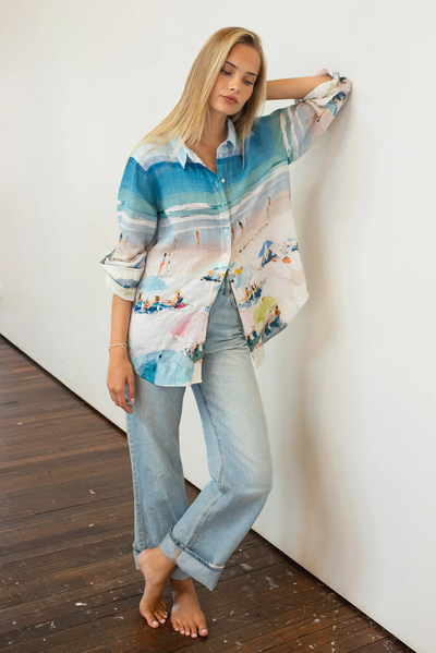 HUT BOYFRIEND LINEN SHIRT LINEN BEACH PRINT TOP