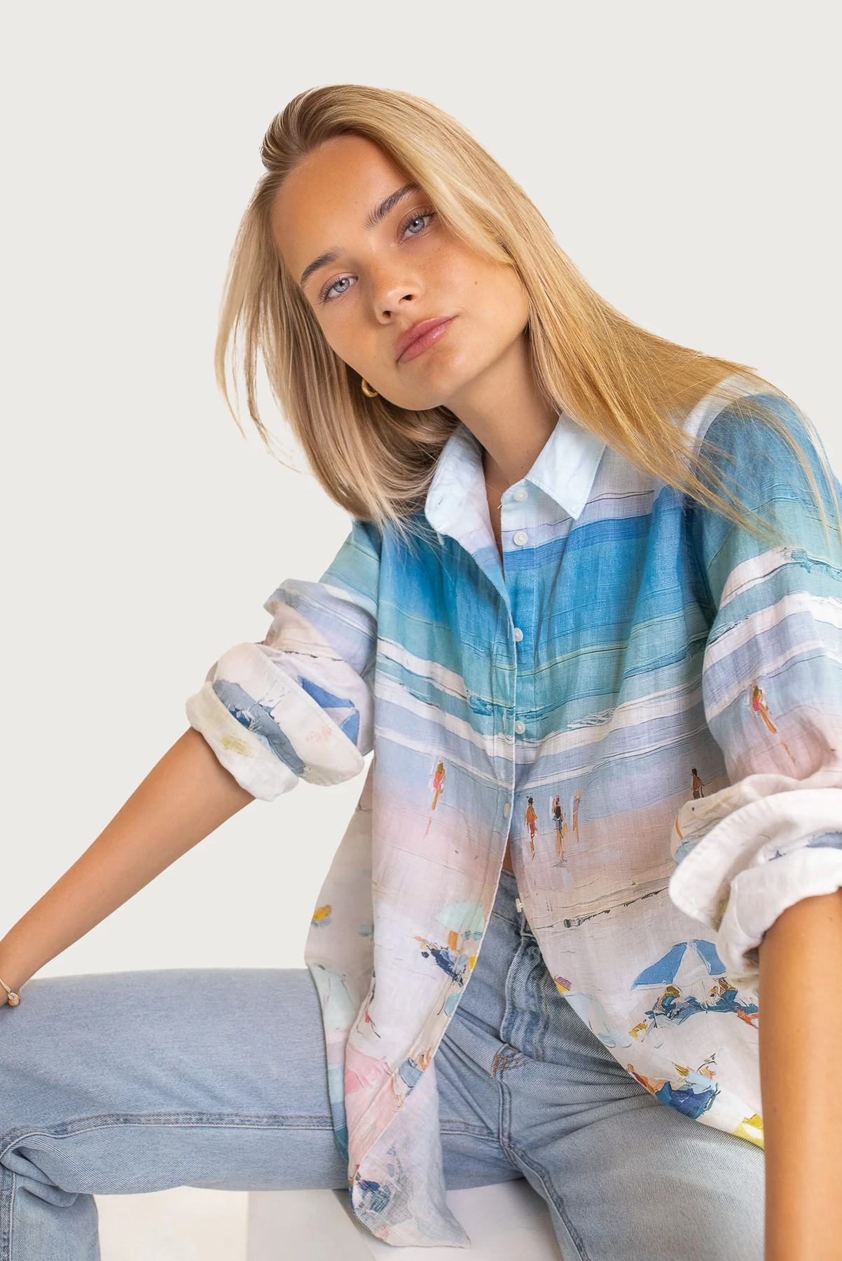 HUT BOYFRIEND LINEN SHIRT LINEN BEACH PRINT TOP