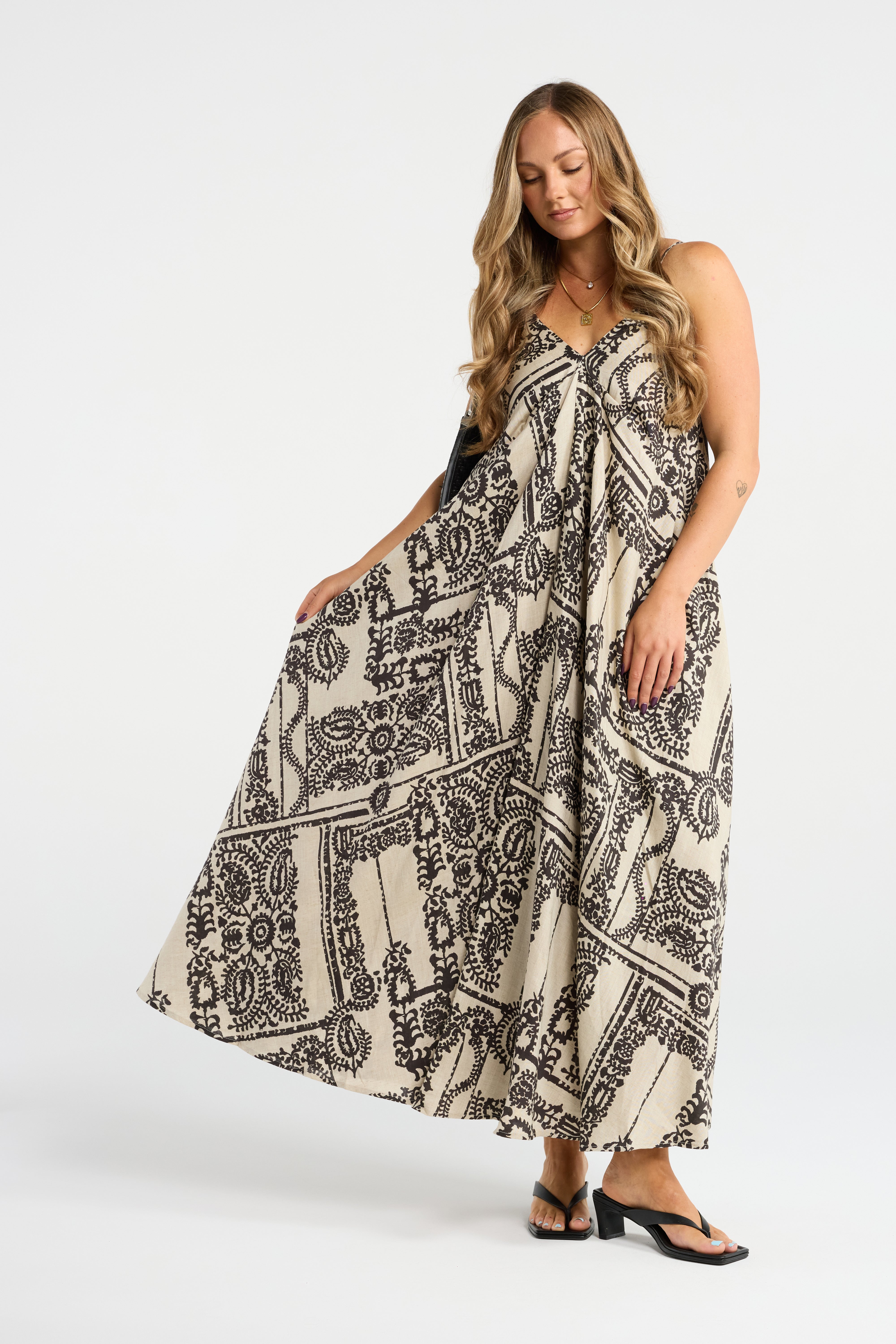INK TILE LINEN DRESS STONE MAXI DRESS LINEN DRESS PATTERNED DRESS SHOE STRING STRAPS VOLUME  SUMMER DRESS LIGHTWEIGHT DRESS