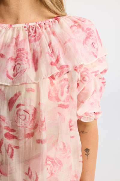 INK TUBA TOP FLORAL FRILL TOP PUFF SLEEVES ROSE PATTERN PINK WHITE ELASTIC NECKLINE OFF SHOULDER