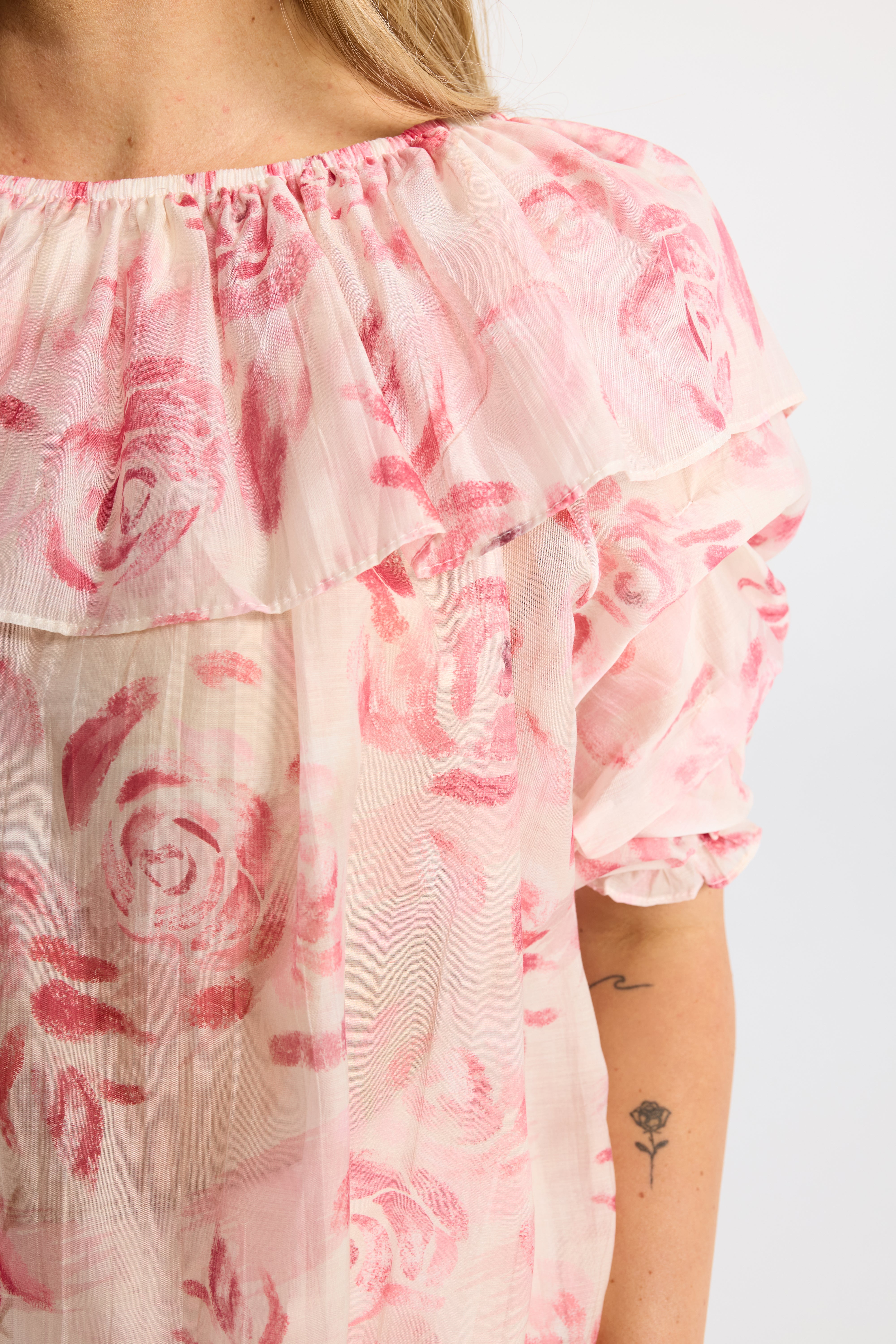 INK TUBA TOP FLORAL FRILL TOP PUFF SLEEVES ROSE PATTERN PINK WHITE ELASTIC NECKLINE OFF SHOULDER