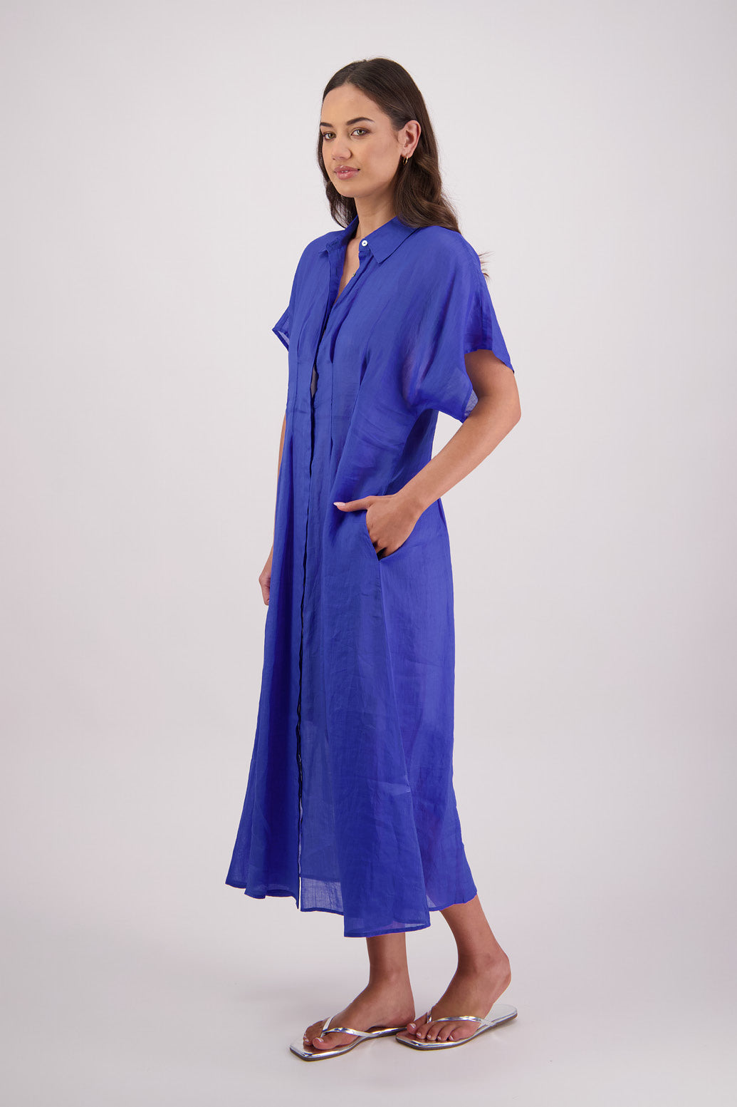 BRIARWOOD TONI DRESS RAMIE RED BLUE SHIRT DRESS MIDI MAXI
