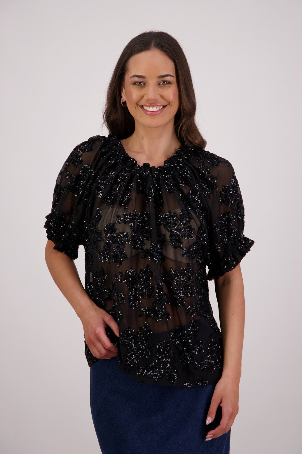BRIARWOOD TWILIGHT TOP BLACK LACE SEQUINS BLOUSE