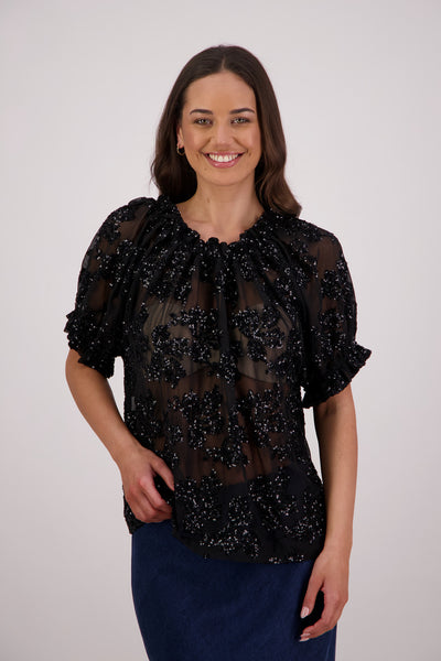 BRIARWOOD TWILIGHT TOP BLACK LACE SEQUINS BLOUSE