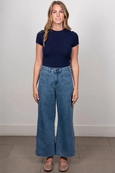 NEW LONDON UPTON JEAN MID WASH BLUE DENIM BOOT CUT LEG WIDE LEG