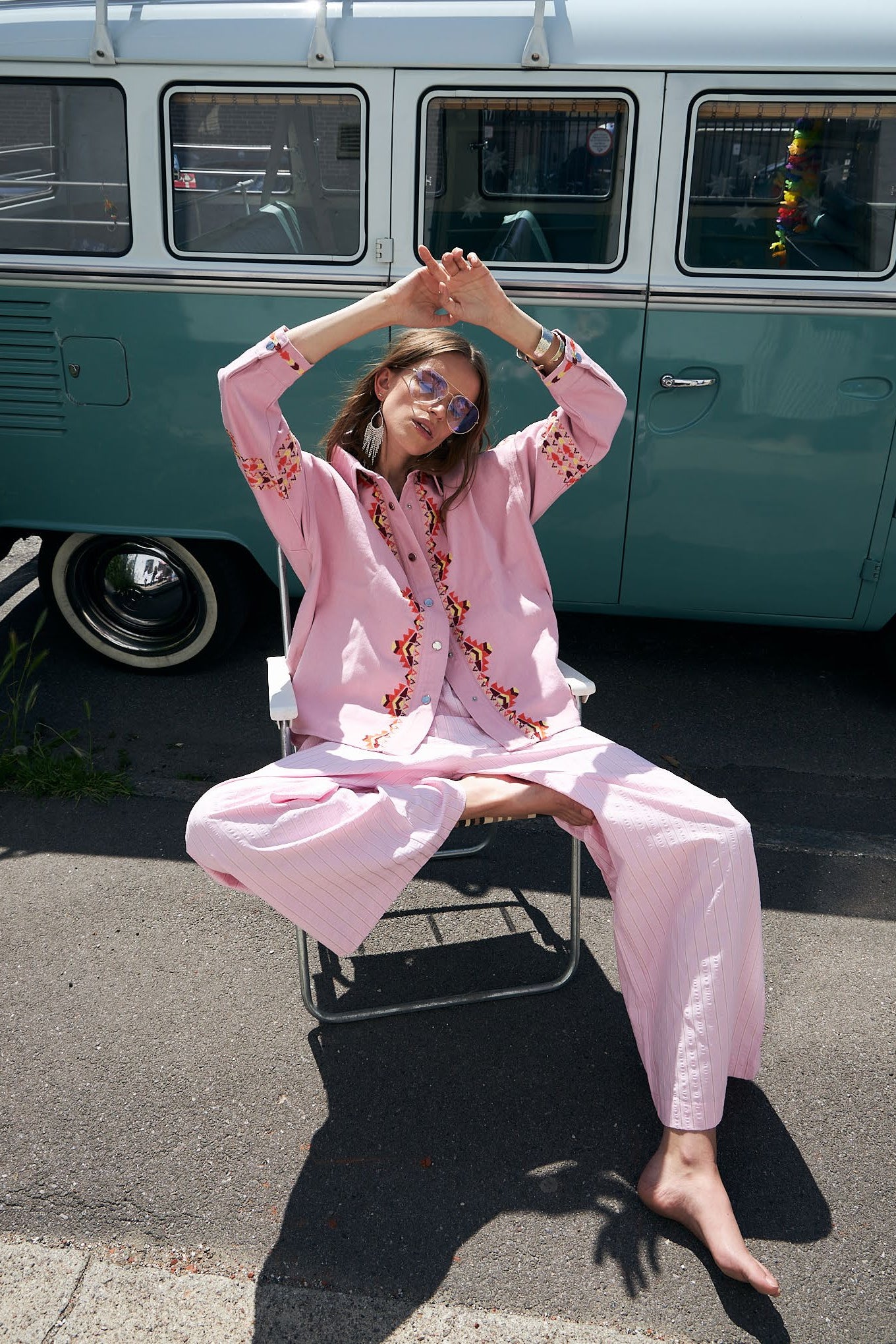 LOLLYS LAUNDRY VEINDA OVERSHIRT COTTON DENIM EMBROIDERY PINK SHIRT