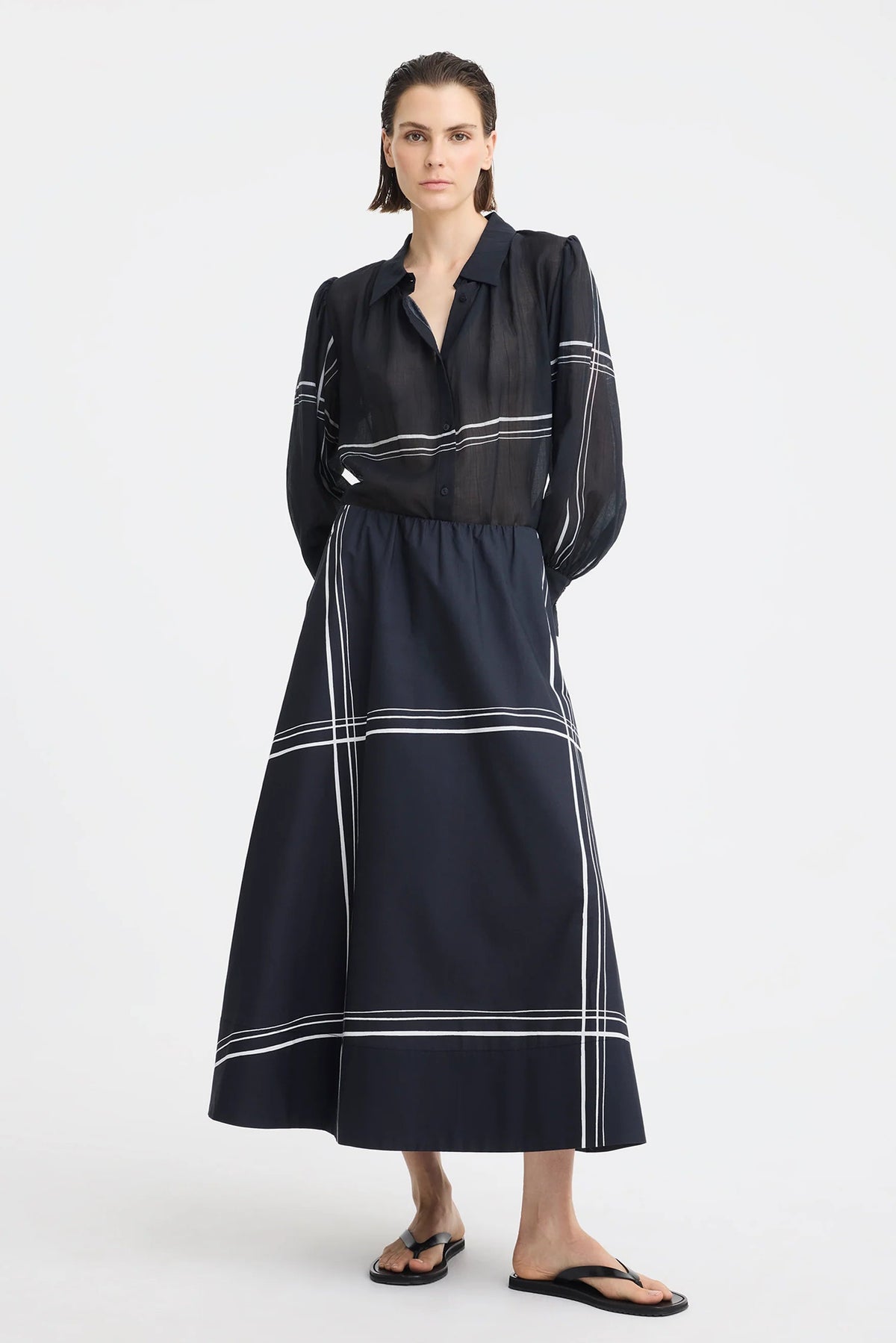 MORRISON VICTOR SKIRT COTTON NAVY MAXI SKIRT WITH MINIMAL WHITE SQUARE STRIPES AND SUBTLE GATHERING ALONG THE WASITBAND