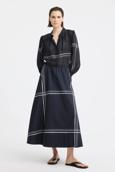 MORRISON VICTOR SKIRT COTTON NAVY MAXI SKIRT WITH MINIMAL WHITE SQUARE STRIPES AND SUBTLE GATHERING ALONG THE WASITBAND