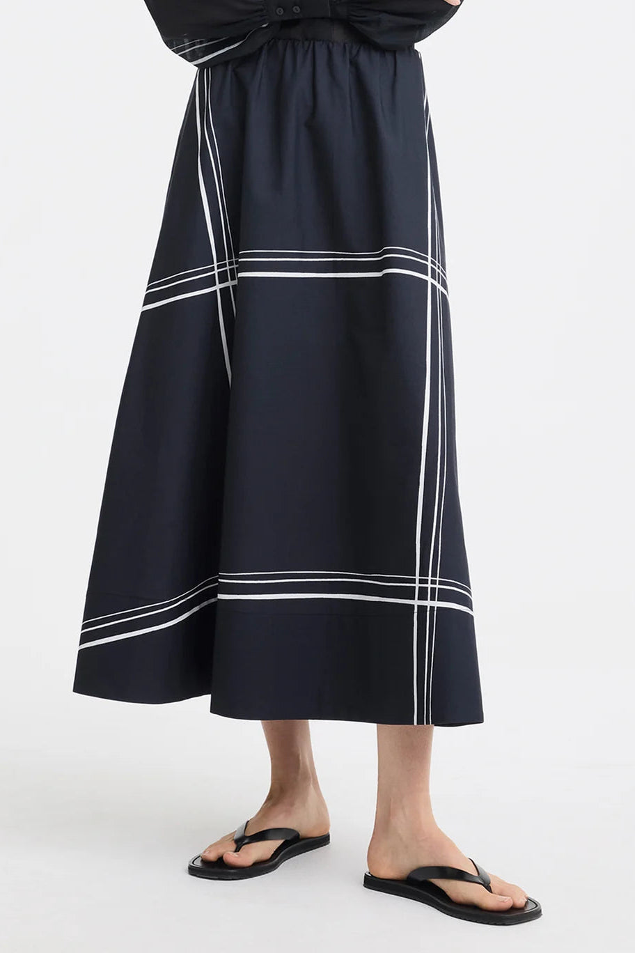 MORRISON VICTOR SKIRT COTTON NAVY MAXI SKIRT WITH MINIMAL WHITE SQUARE STRIPES AND SUBTLE GATHERING ALONG THE WASITBAND