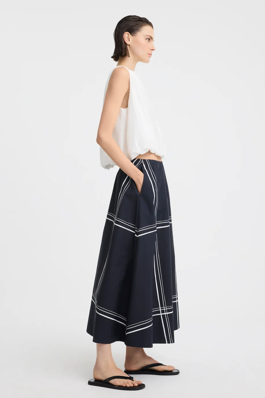 MORRISON VICTOR SKIRT COTTON NAVY MAXI SKIRT WITH MINIMAL WHITE SQUARE STRIPES AND SUBTLE GATHERING ALONG THE WASITBAND
