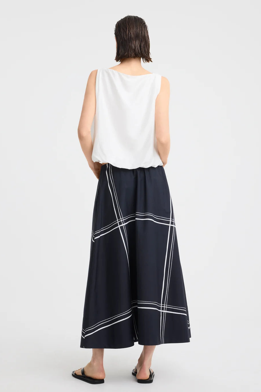 MORRISON VICTOR SKIRT COTTON NAVY MAXI SKIRT WITH MINIMAL WHITE SQUARE STRIPES AND SUBTLE GATHERING ALONG THE WASITBAND