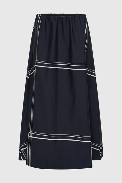 MORRISON VICTOR SKIRT COTTON NAVY MAXI SKIRT WITH MINIMAL WHITE SQUARE STRIPES AND SUBTLE GATHERING ALONG THE WASITBAND