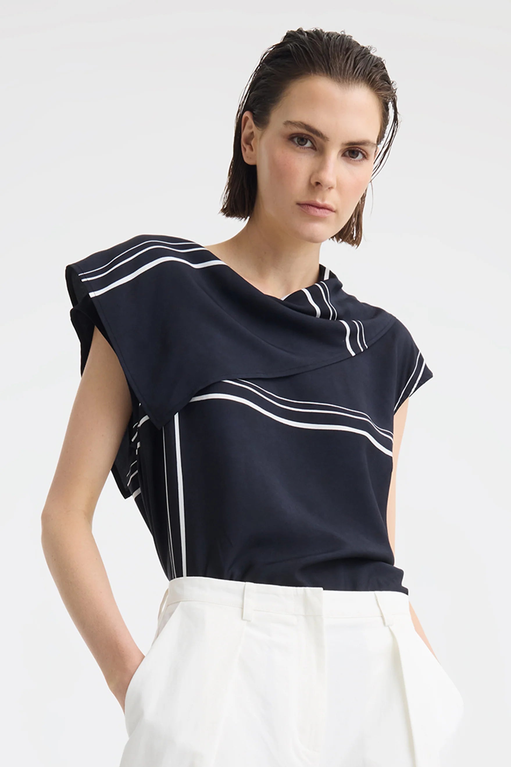 MORRISON VICTOR TOP SILK TOP WITH CAP SLEEVE AND FIXED SCARF OVERLAY IN NAVY WITH MINIMAL WHITE SQUARE STRIPE 