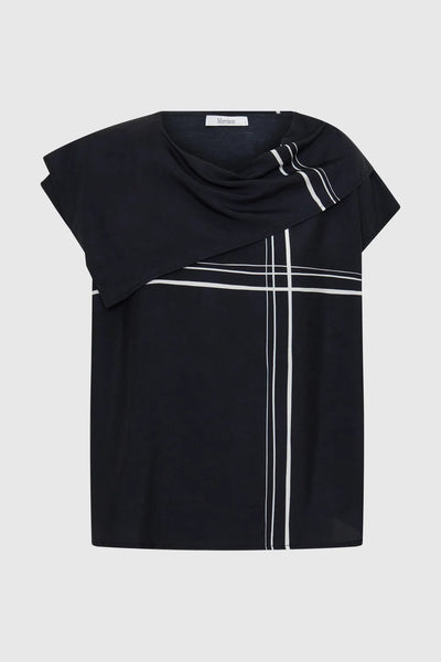 MORRISON VICTOR TOP SILK TOP WITH CAP SLEEVE AND FIXED SCARF OVERLAY IN NAVY WITH MINIMAL WHITE SQUARE STRIPE