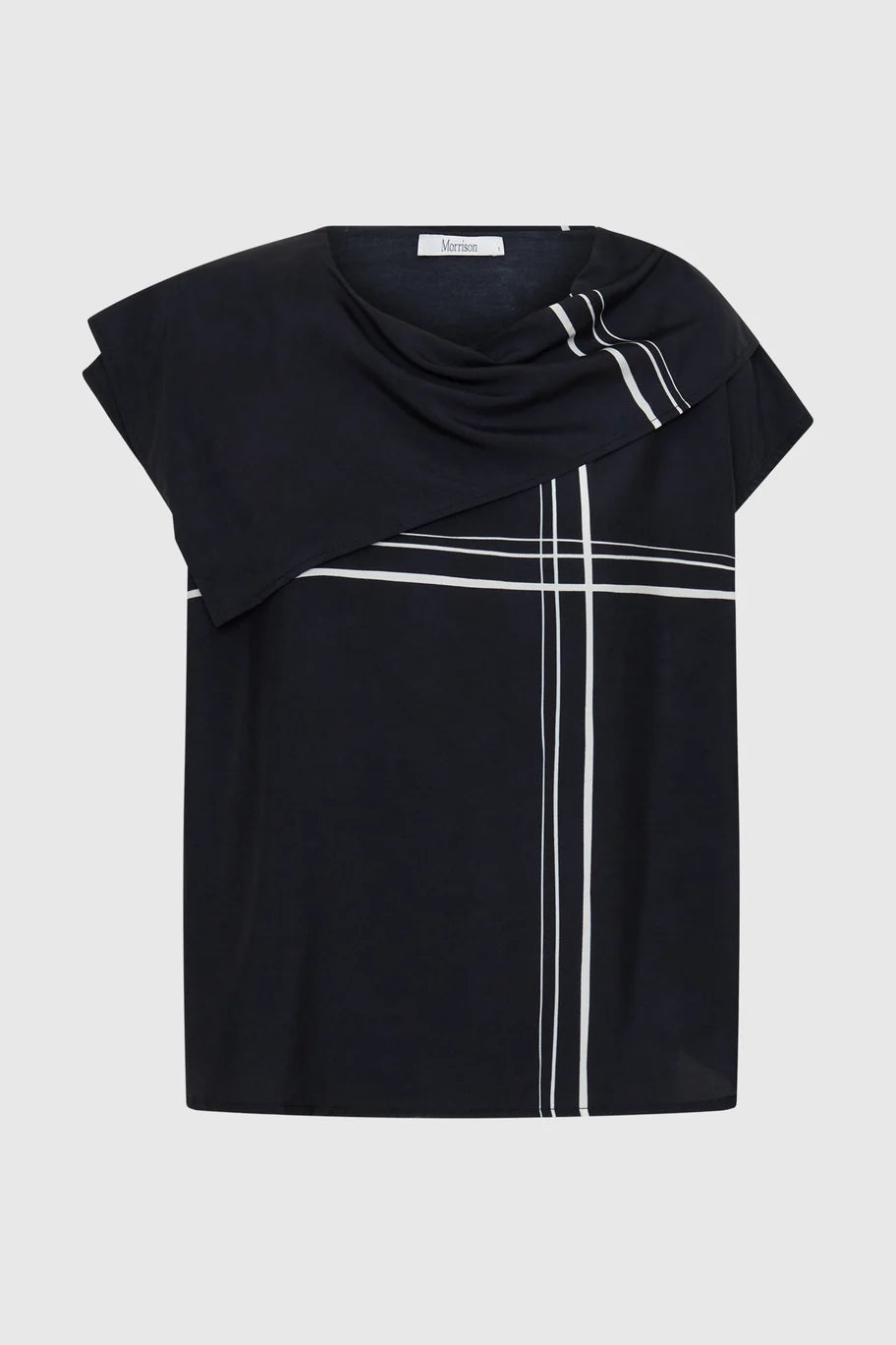 MORRISON VICTOR TOP SILK TOP WITH CAP SLEEVE AND FIXED SCARF OVERLAY IN NAVY WITH MINIMAL WHITE SQUARE STRIPE