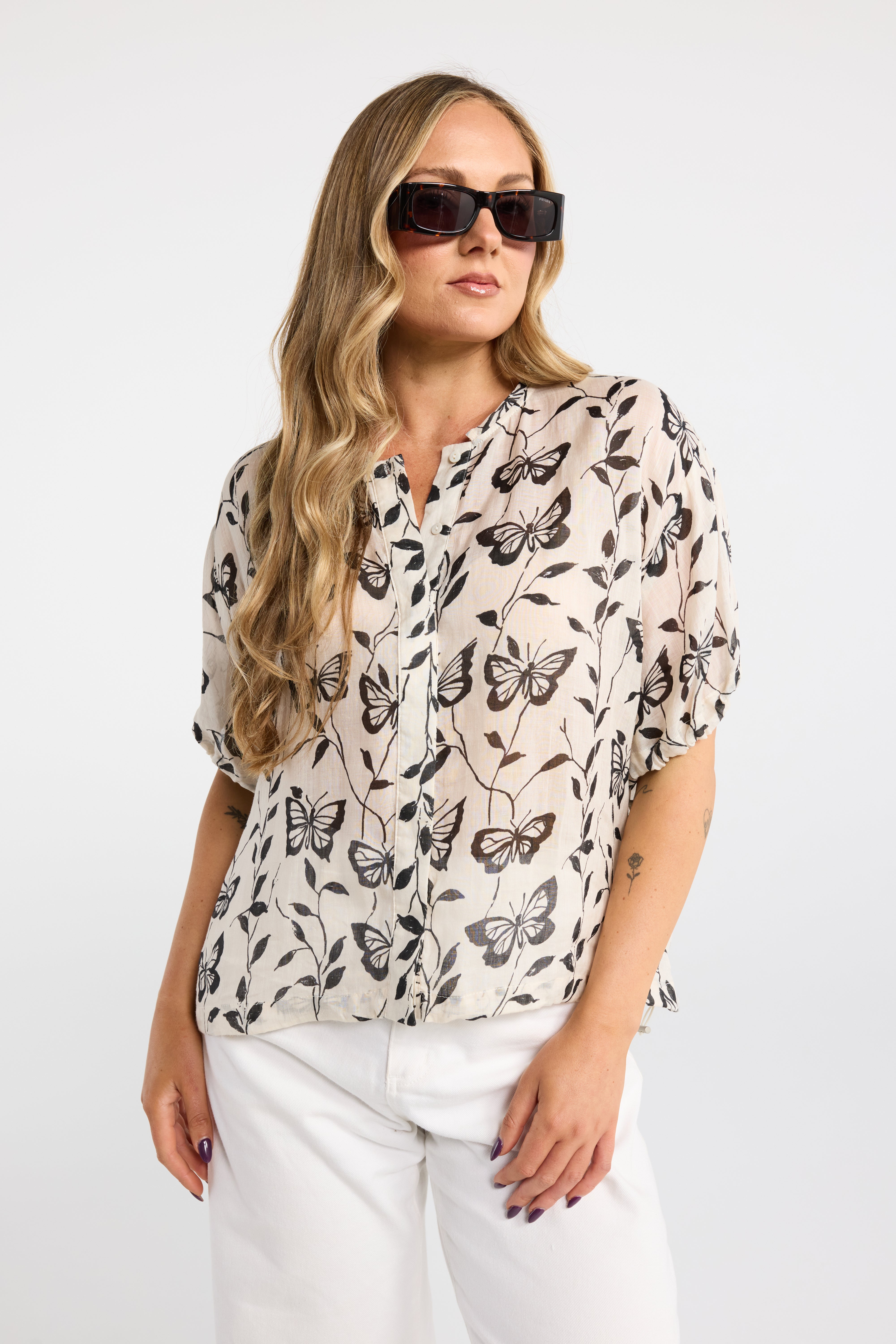 INK WINGS TOP BLACK/NATURAL LIGHTWEIGHT SHIRT PRINT SHIRT BUTTERFLY SHIRT SHORT SLEEVE SHIRT SUMMER SHIRT CROPPED SHIRT  COLLARLESS SHIRT BLOUSE SUMMER TOP TOPS