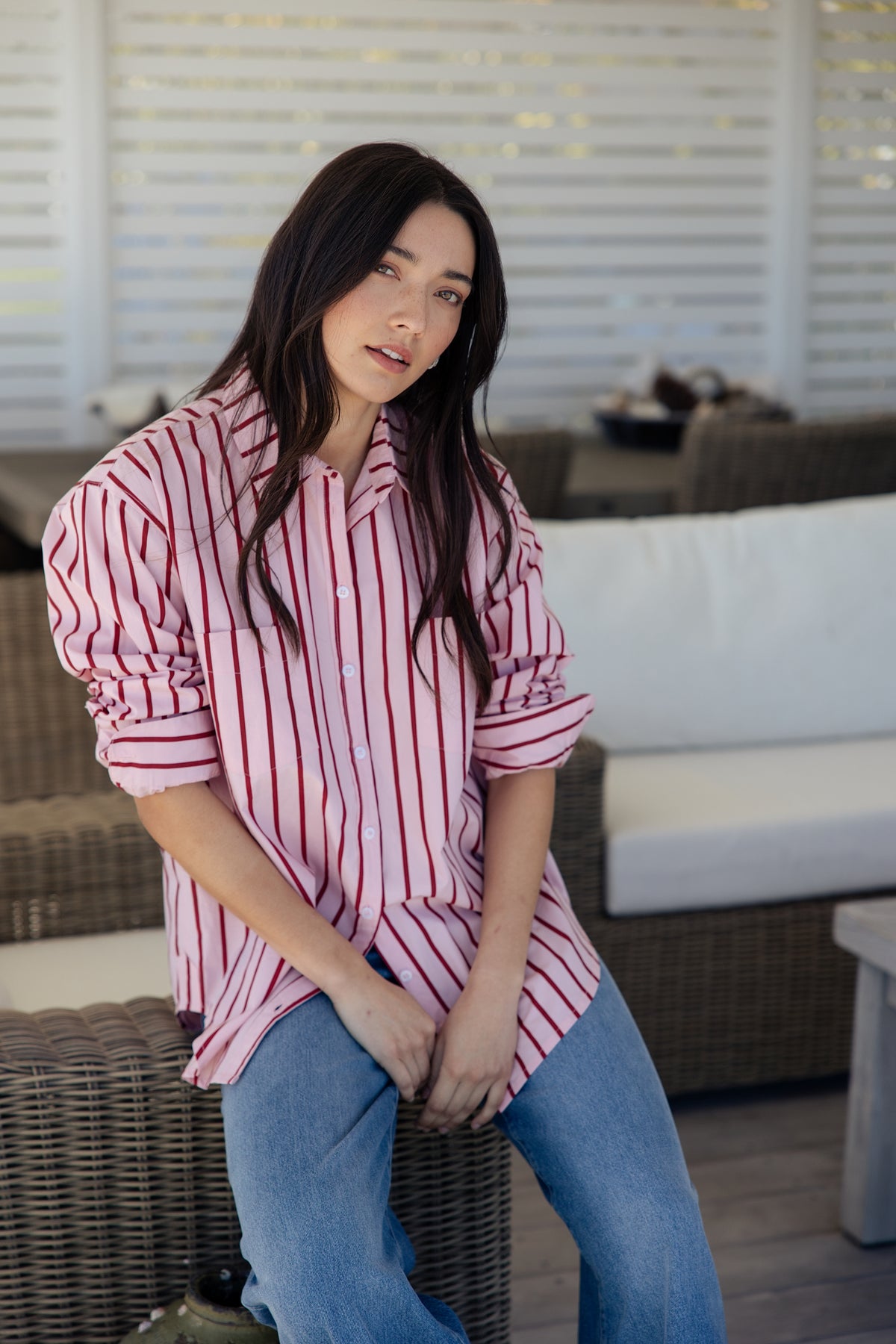 womens red and pink vertically striped button-up cotton shirt 