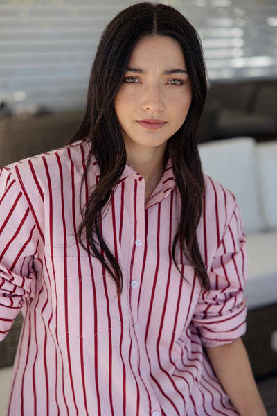 womens red and pink vertically striped button-up cotton shirt 