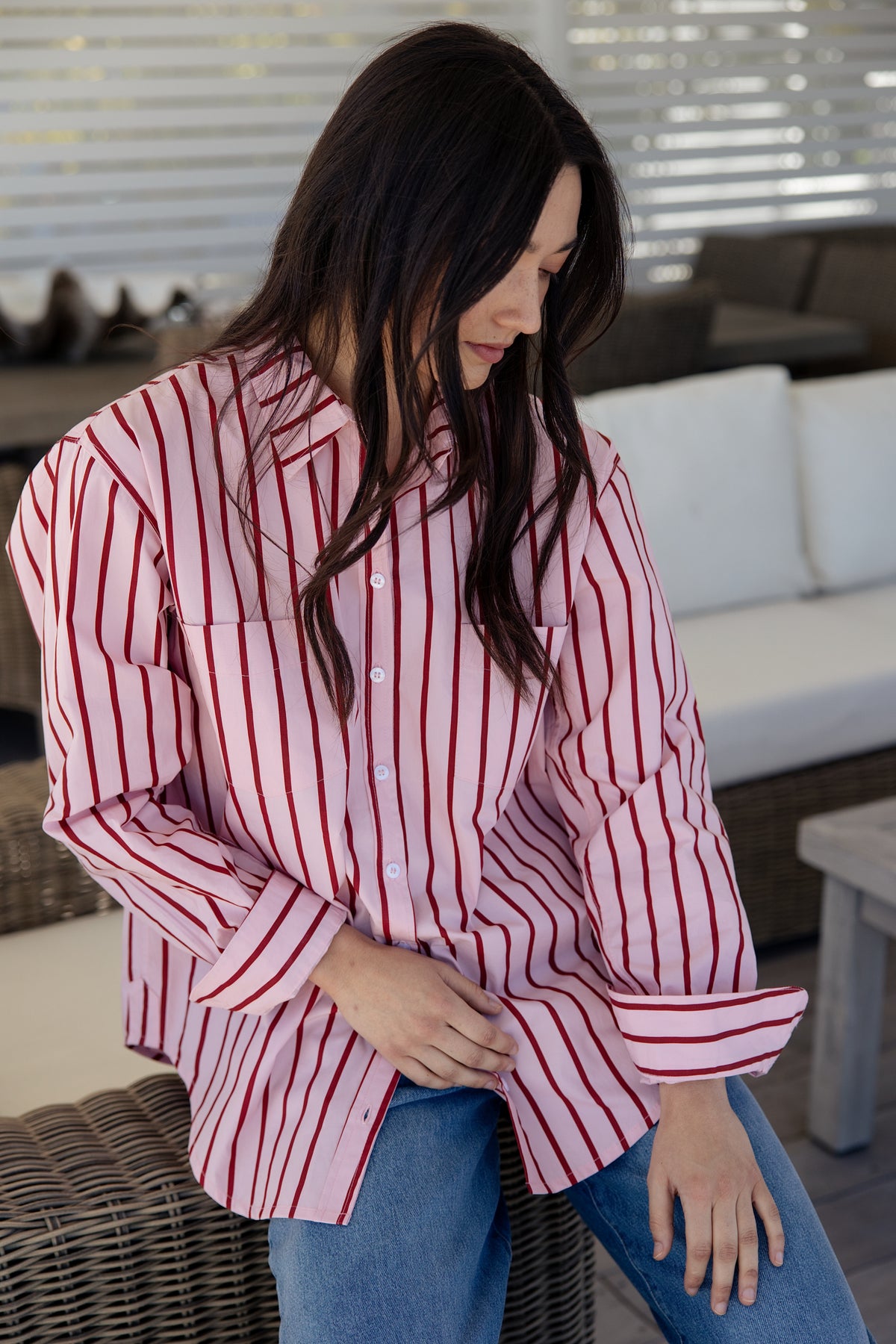 womens red and pink vertically striped button-up cotton shirt 