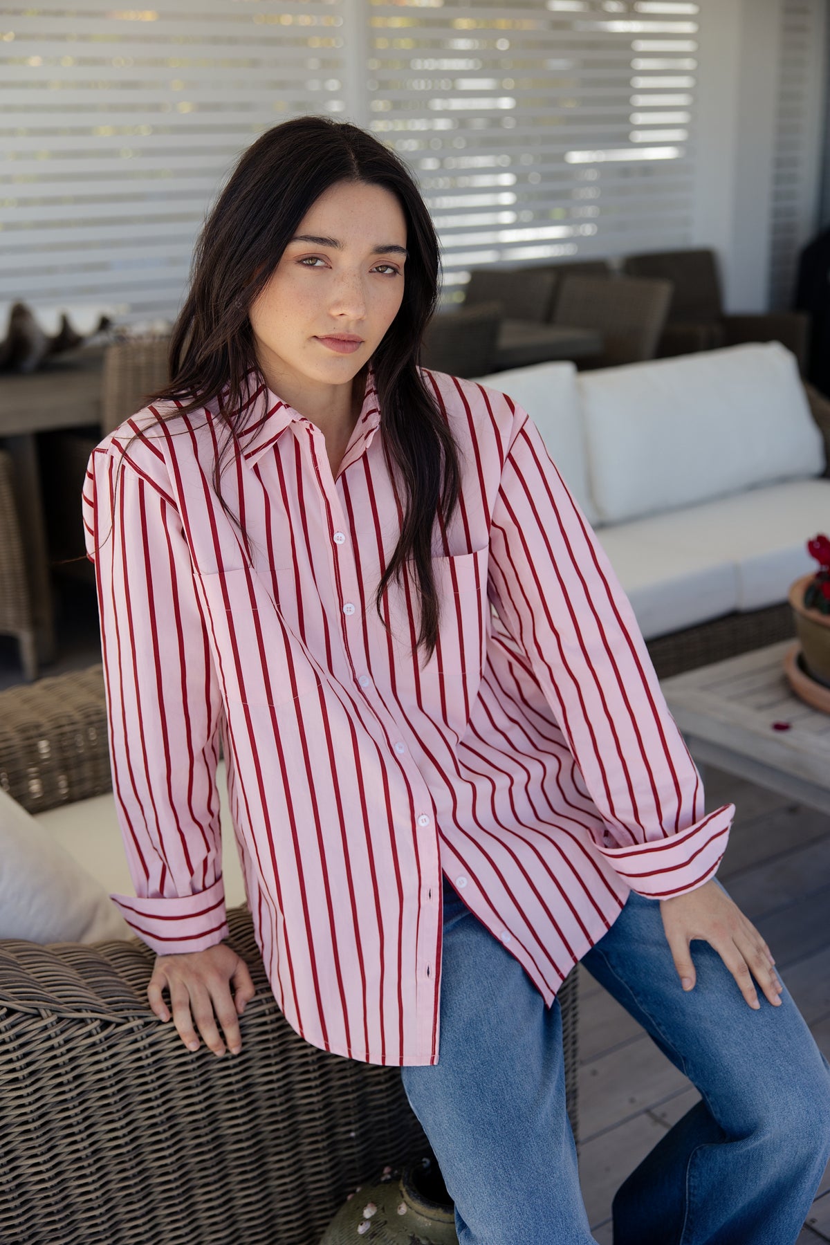 womens red and pink vertically striped button-up cotton shirt 
