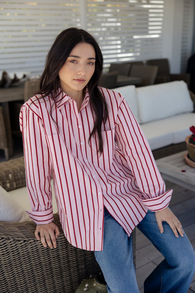 womens red and pink vertically striped button-up cotton shirt 